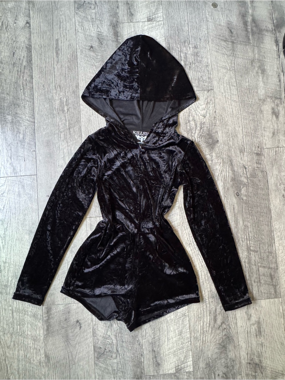 Killstar Women’s M Black Velvet Romper One Piece Hooded Long Sleeve